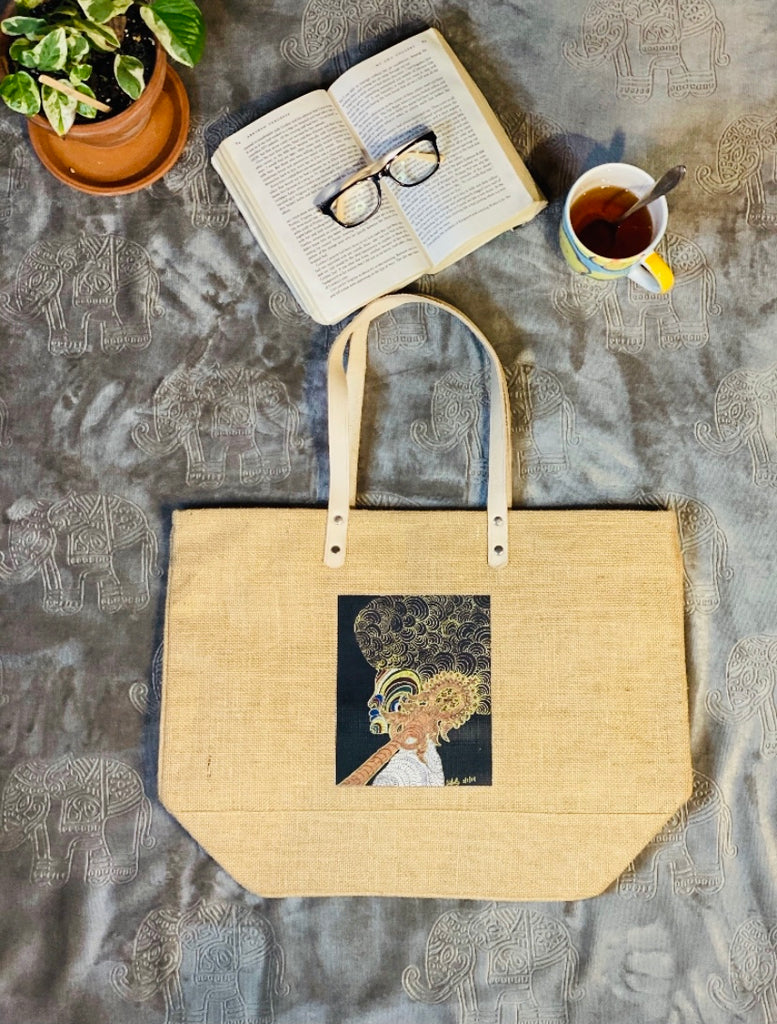 Eco-friendly jute bag with original art print.