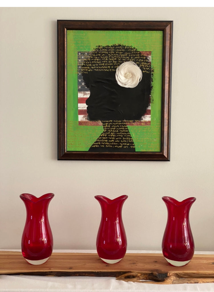 Black art, black woman with an american flag, abstract painting, mixed media art.